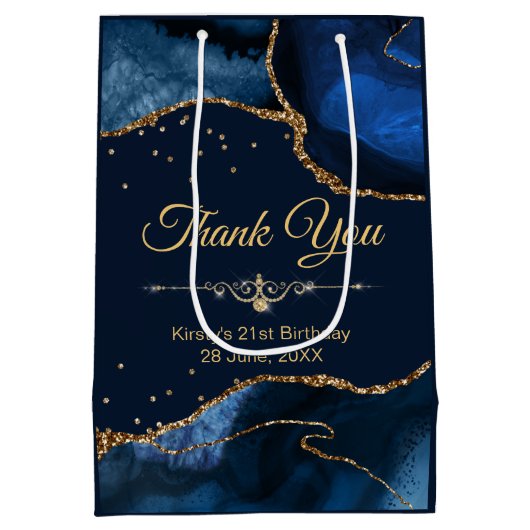 Blauw en goudglitter Agate Birthday Hartelijk dank Medium Cadeauzakje (Achterkant)