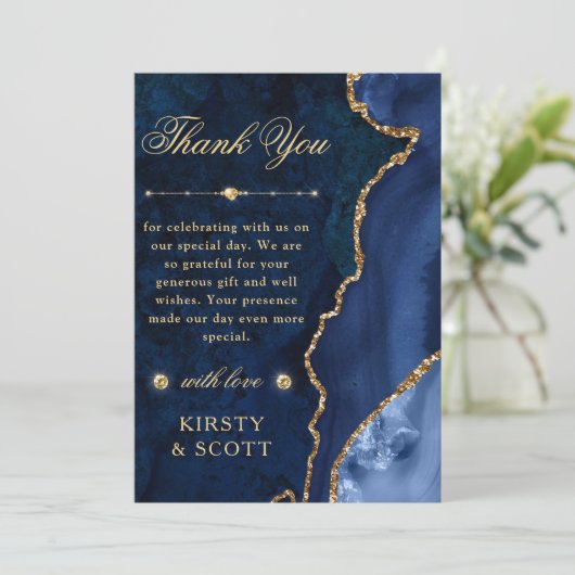 Blauw en goudglitter Agate en marmer Wedding Bedankkaart (Staand voorkant)