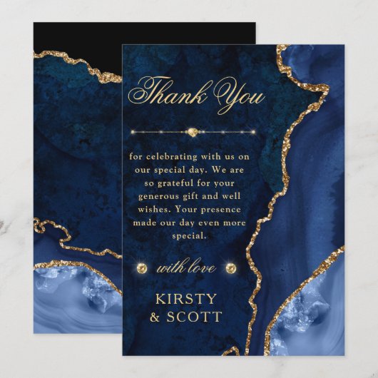 Blauw en goudglitter Agate en marmer Wedding Bedankkaart (Voorkant / Achterkant)