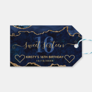 Blauw en goudglitter Agate Marble Sweet Sixteen Cadeaulabel