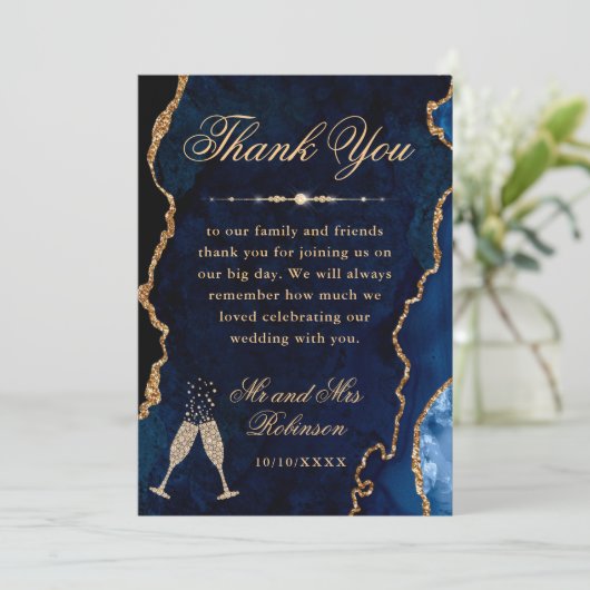 Blauw en goudglitter Agate & Marble Wedding Bedankkaart (Staand voorkant)