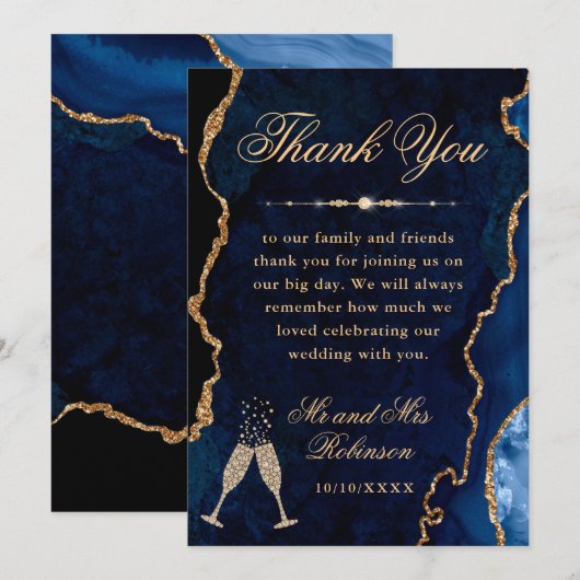 Blauw en goudglitter Agate & Marble Wedding Bedankkaart (Voorkant / Achterkant)