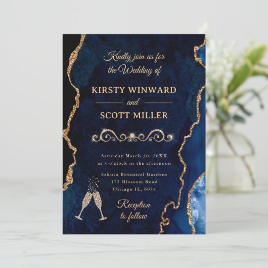 Blauw en goudglitter Agate & Marble Wedding Kaart (Staand voorkant)