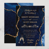 Blauw en goudglitter Agate & Marble Wedding Kaart (Voorkant / Achterkant)