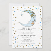 Blauw en goudglitter Confetti Moon Baby shower Kaart (Voorkant)
