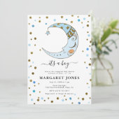 Blauw en goudglitter Confetti Moon Baby shower Kaart (Staand voorkant)