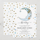 Blauw en goudglitter Confetti Moon Baby shower Kaart (Voorkant / Achterkant)
