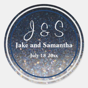 Blauw- en goudglitter en hart ronde sticker