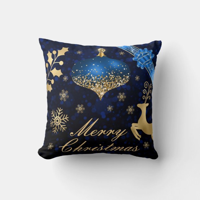 Blauw en goudglitter kerstblauw en lint kussen (Voorkant)