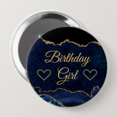 Blauw en goudglitter Marble Agate Birthday Girl Ronde Button 4,0 Cm (Voorkant /achterkant)