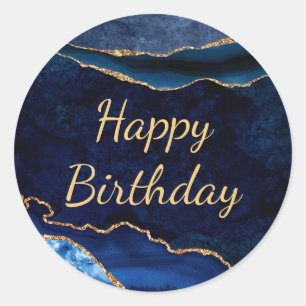 Blauw en goudglitter marmer Agate Birthday Ronde Sticker