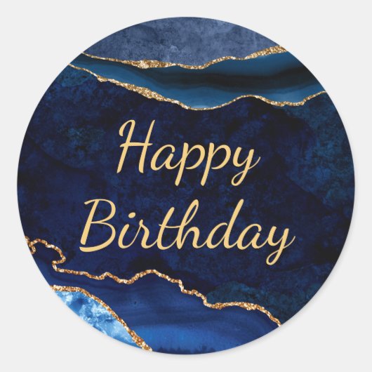Blauw en goudglitter marmer Agate Birthday Ronde Sticker (Voorkant)