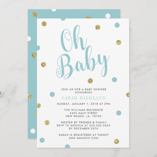 Blauw en goudglitter Oh Baby shower Kaart (Voorkant / Achterkant)