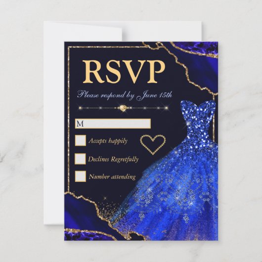 Blauw- en goudglittergewas en dresse zweet-zestien RSVP kaartje (Voorkant)