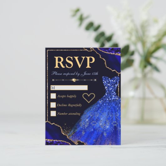 Blauw- en goudglittergewas en dresse zweet-zestien RSVP kaartje (Staand voorkant)