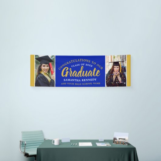 Blauw en goudgranaten Afstudeerder twee foto-Afstu Spandoek (Beurs)