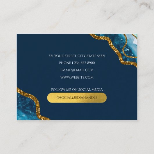 Blauw en goudgrijs Geode Glitter Monogram Marmer Visitekaartje (Achterkant)