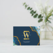 Blauw en goudgrijs Geode Glitter Monogram Marmer Visitekaartje (Staand voorkant)