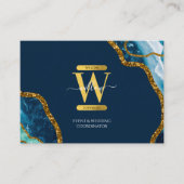 Blauw en goudgrijs Geode Glitter Monogram Marmer Visitekaartje (Voorkant)