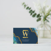 Blauw en goudgrijs Geode Glitter Monogram Marmer Visitekaartje (Staand voorkant)