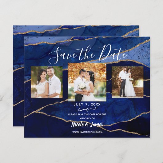 Blauw en goudgrijs modern huwelijk sparen de datum (Voorkant / Achterkant)