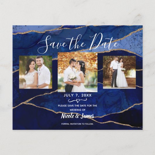 Blauw en goudgrijs modern huwelijk sparen de datum (Voorkant)