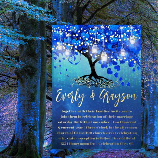 Blauw en goudharen bladerbladeren van de gouden ol folie uitnodiging