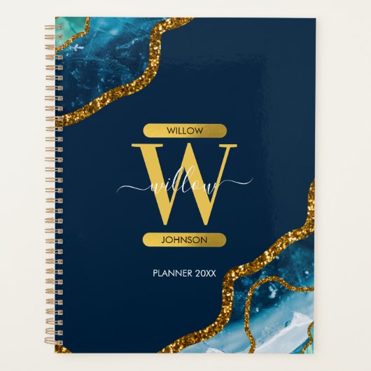 Blauw- en goudkanton Glitter Monogram Planner (Voorkant)