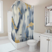 Blauw en goudkleurig Abstract Ikat Patroon Douchegordijn (In situ)