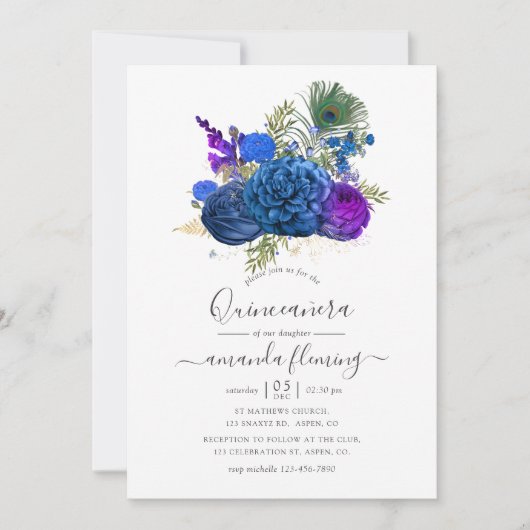 Blauw en goudmakreel Peacock Floral Quinceañera Kaart (Voorkant)