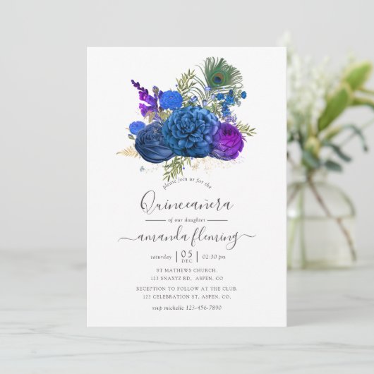Blauw en goudmakreel  Peacock Floral Quinceañera Kaart (Staand voorkant)