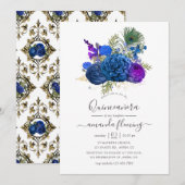 Blauw en goudmakreel  Peacock Floral Quinceañera Kaart (Voorkant / Achterkant)