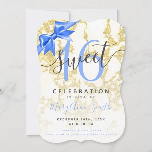 Blauw en goudmarmer 16e verjaardag lint kaart (Voorkant)