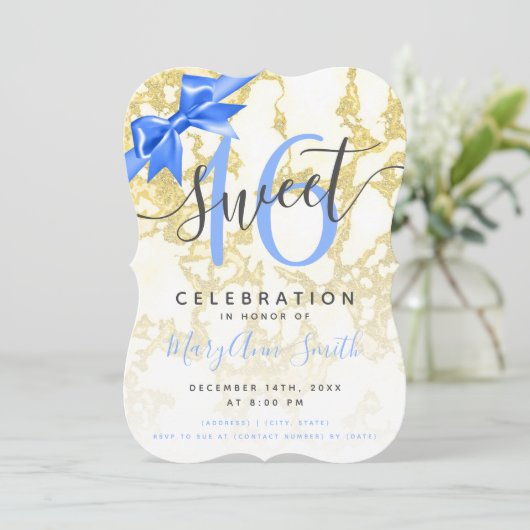 Blauw en goudmarmer 16e verjaardag lint kaart (Staand voorkant)