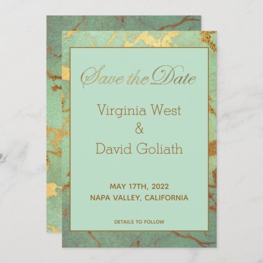 Blauw en goudmarmer sparen de datum Kaart van het (Voorkant / Achterkant)