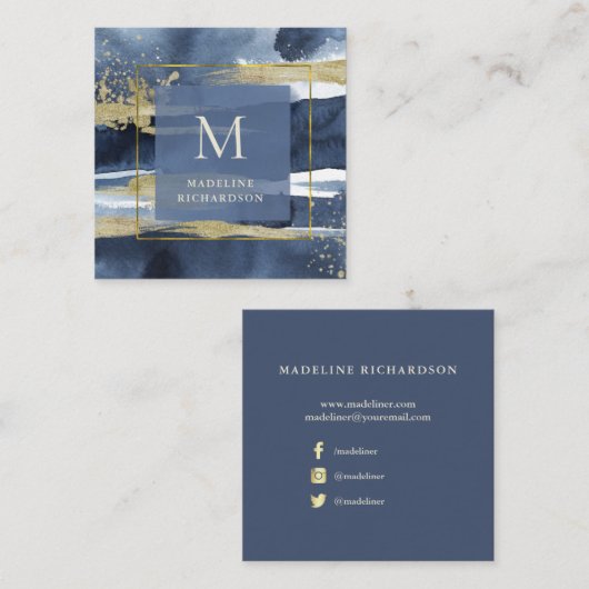 Blauw en goudmatig Abstract | Sociale media Vierkante Visitekaartje (Voorkant / Achterkant)