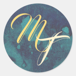 Blauw- en goudmonogram envelop ronde sticker