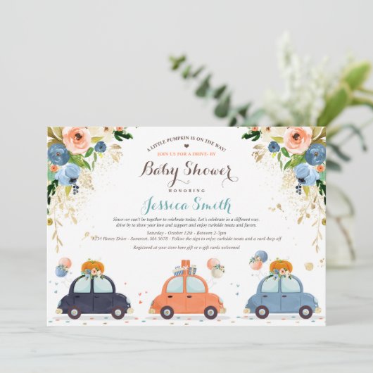 Blauw- en goudpompoen op Baby shower Kaart (Staand voorkant)