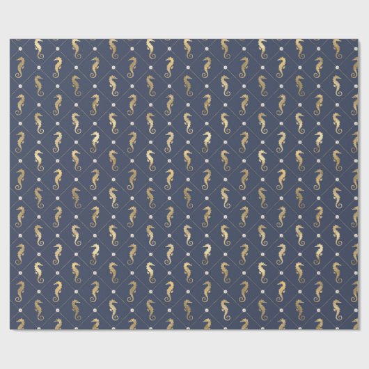 Blauw- en goudzeepaardpatroon cadeaupapier (Vlak)