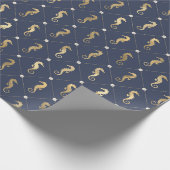 Blauw- en goudzeepaardpatroon cadeaupapier (Hoek)