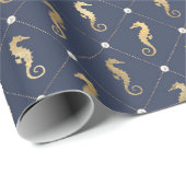 Blauw- en goudzeepaardpatroon cadeaupapier (Rol Hoek)