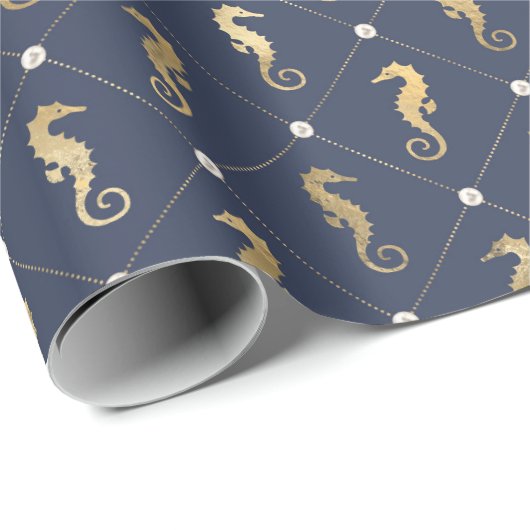 Blauw- en goudzeepaardpatroon cadeaupapier (Rol Hoek)
