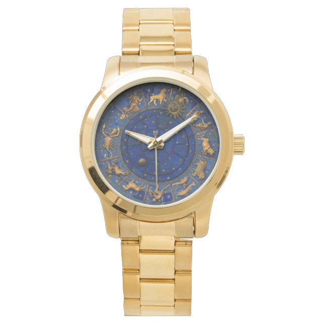  blauw en goudzodiaal astrologie hematocriet horloge (Voorkant)
