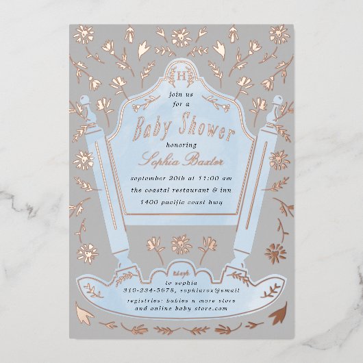 Blauw en grijs Antiek Baby shower Roos Gold Folie Uitnodiging (Voorkant)