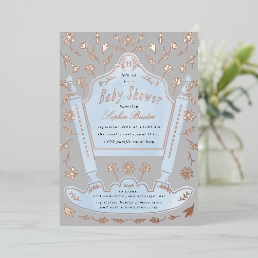 Blauw en grijs Antiek Baby shower Roos Gold Folie Uitnodiging (Staand Voorkant)