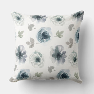 Blauw en grijs aquarel bloemen werp kussen
