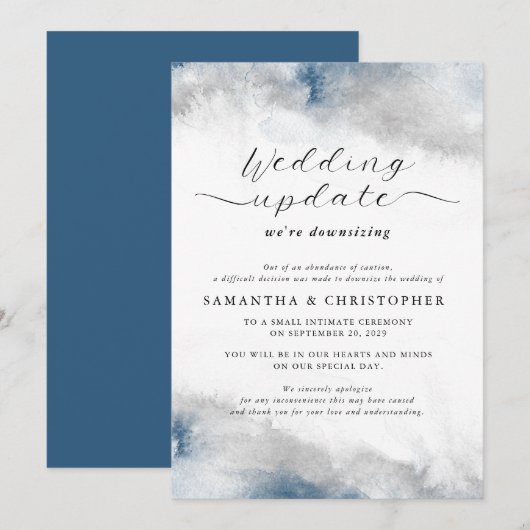 Blauw en grijs aquarel bruiloft downsizing update aankondiging (Voorkant / Achterkant)