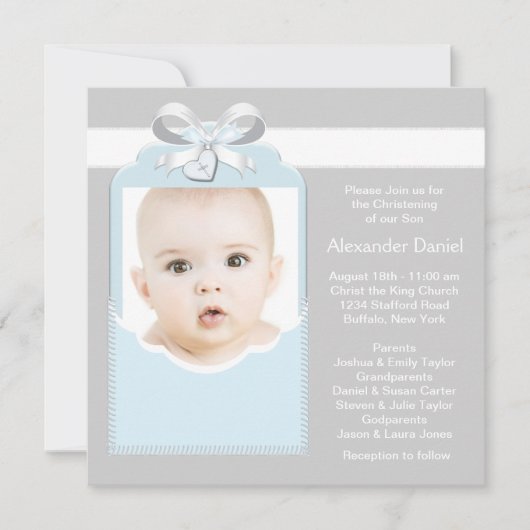 Blauw en grijs Baby Boy Photo Christening Kaart (Voorkant)