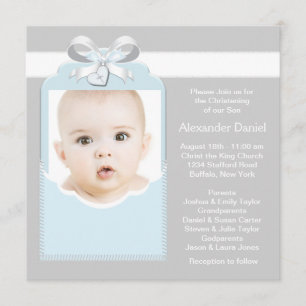 Blauw en grijs Baby Boy Photo Christening Kaart