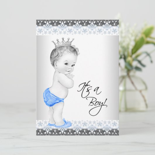 Blauw en grijs  Baby Boy Shower Kaart (Staand voorkant)